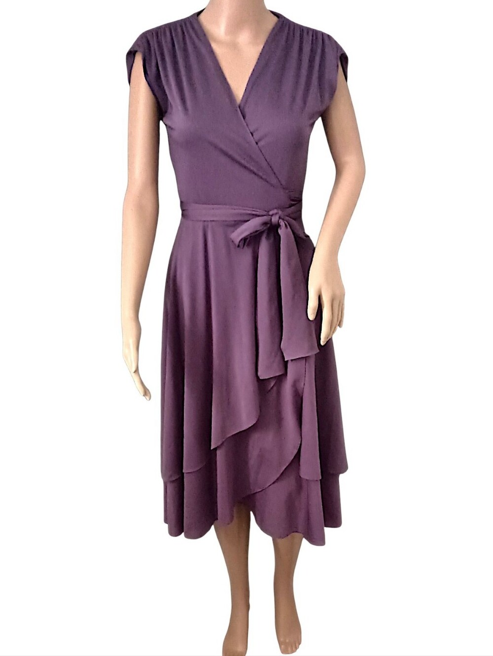 SAMUEL BLUE Wrap Dress Sz 6 Vtg 70s Purple Asymmetric Ruffled Hem Flowy Disco